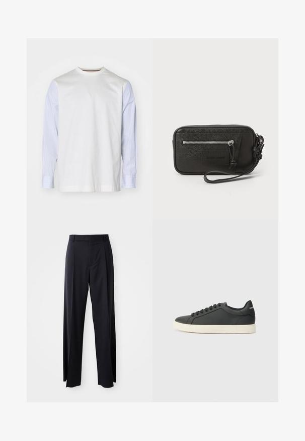 Valkoinen t-paita, jossa on pitkät vaaleansiniset raidalliset hihat. Pyöreä kaula-aukko, sileä pinta ja rento istuvuus.; Musta, korkeavyötäröinen housupari, jossa on leveä lahje, valmistettu sileästä kankaasta. Edessä on laskokset ja vyölenkit. Minimalistinen muotoilu, ei näkyvää metalliosaa.; Musta nahkakenkä, jossa on matala profiili, pyöreä kärki ja nauhakiinnitys; siinä on tekstiilipohja ja logoyksityiskohta kantapäässä.; Mustakotelo, jossa on tekstuuri, etupinossa vetoketjullinen tasku ja irrotettava ranneke. Edessä on logopatch. Suorakulmainen muoto.