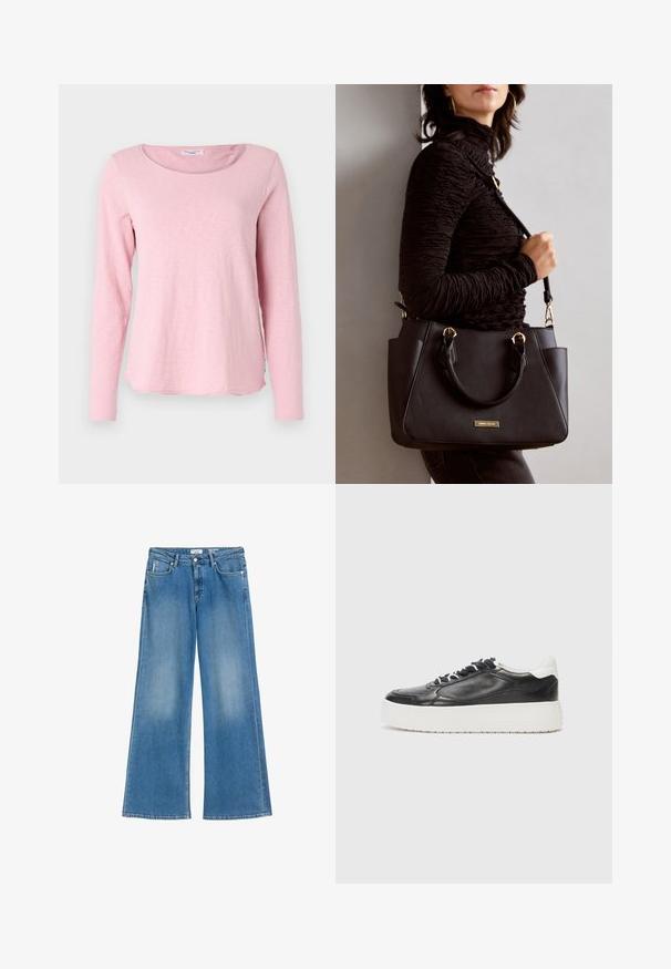 Marc O'Polo DENIM LONGSLEEVE - Langarmshirt - breezy pink; Helle blaue weite Jeans aus Denim, mit hoher Taille, frontalen Taschen und einem leicht ausgewaschenen Finish. Klassisches Fünf-Taschen-Design.; Kennel + Schmenger BANG - Sneaker low - schwarz/bianco; Schwarze Handtasche mit strukturierten Oberflächen, doppelten Obergriffen und verstellbarem Schultergurt. Mit goldfarbener Hardware und Seitentaschen.
