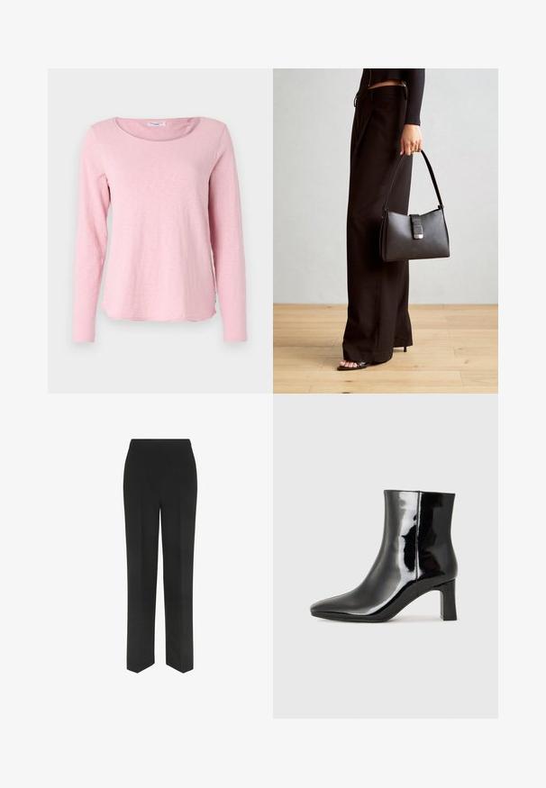 Marc O'Polo DENIM LONGSLEEVE - Långärmad tröja - breezy pink; Svarta byxor med rak bensdesign, med en enkel midjeband och inga synliga fickor, visade mot en vit bakgrund.; Svart lackläder ankelboot med spetsig tå och en medelhög klack. Slät textur och minimalistisk design.; Svart handväska med strukturerad form, slät yta och metallspänne. Matchad med vida svarta byxor och sandaler med öppen tå på trägolv.