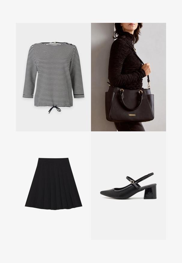 Striped top in black and white, featuring three-quarter sleeves and a drawstring hem, made of soft fabric with a casual fit.; Black pleated skirt made of textured fabric with a fitted waistband. Falls to knee length, featuring a smooth, clean silhouette.; Black patent leather slingback heels with a pointed toe, a rounded cutout design, and a block heel. Features a gold-tone buckle accent.; Black handbag with textured surface, dual top handles, and adjustable shoulder strap. Features gold-tone hardware and side pockets.
