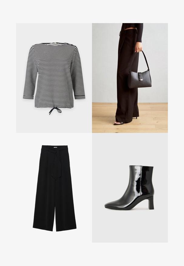 Fekete-fehér csíkozott felső, háromnegyedes ujjal és zsinóros alsó résszel, puha anyagból, laza szabással.; Fekete, bő szárú nadrág, texturált anyagból, rugalmas derékpánttal és levehető sállal a derekán, amely állítható illeszkedést biztosít.; Fekete lakk bőrcipő bokáig érő, hegyes orral és közepes magasságú tömbsarokkal. Simább textúrával és minimalista dizájnnal rendelkezik.; Fekete kézi táska strukturált formával, sima textúrával és fémből készült záródással. Széles fekete nadrággal és nyitott orrú szandállal párosítva, fából készült padlón.