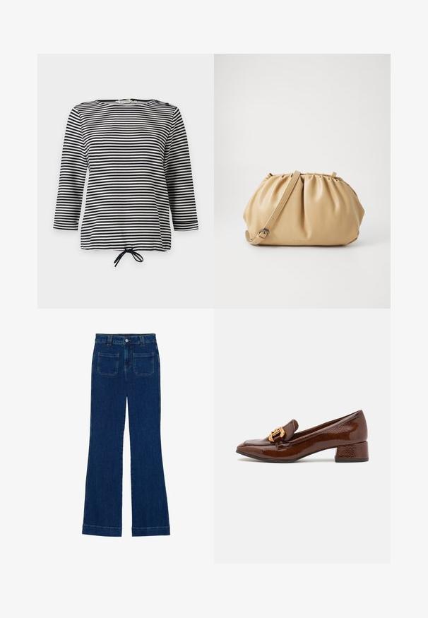 Gestreept zwart-wit topje met driekwartmouwen en een trekkoord onderaan, gemaakt van zachte stof met een casual pasvorm.; Donkerblauwe denim flared jeans met een gladde textuur, vijf zakken en een knoopsluiting aan de taille.; Bruine leren loafers met een glanzende afwerking, met een decoratieve gouden gesp aan de voorkant en een lage blokhak. Klassiek ontwerp.; Tan leren handtas met een geplooid ontwerp, verstelbare schouderriem en een ronde vorm. Minimalistische branding op het vooroppervlak.