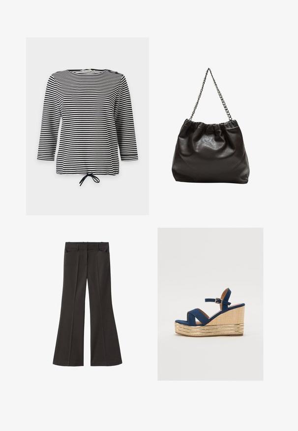 Haut rayé noir et blanc, avec des manches trois-quarts et un ourlet à cordon de serrage, fabriqué en tissu doux avec une coupe décontractée.; Pantalons évasés noirs à taille haute ; dotés de deux poches avant et d'une texture de tissu lisse. Adaptés à diverses occasions.; Sandale compensée bleu marine avec des brides croisées, une plateforme en fibre naturelle texturée, et un accent métallique doré à la base.; Sac en cuir marron avec un haut froncé et une bandoulière en chaîne. Texture lisse avec une finition brillante et des coutures subtiles sur les côtés.