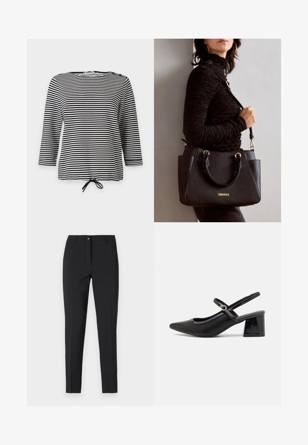 Maglietta a righe bianca e nera, con maniche a tre quarti e fondo con cordoncino, realizzata in tessuto morbido con un fit casual.; Pantaloni neri attillati in tessuto liscio, con una vita classica, zip frontale e tasche laterali, dal design elegante e sartoriale.; Décolleté in vernice nera con cinturino dietro, punta affusolata, design con ritagli arrotondati e tacco a blocco. Presenta un accento di fibbia tono oro.; Borsa nera con superficie texturizzata, manici superiori doppi e tracolla regolabile. Dotata di hardware color oro e tasche laterali.