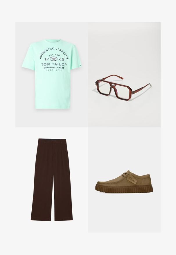 Mündroheline puuvillane T-särk, millel on lühikesed varrukad, ümar kaelus ja graafiline trükk, kus on kujutatud "TOM TAILOR" ning 1962. aasta disainielemente.; Pruunid laiad püksid voldikutega. Valmistatud siledast kangast, millel on kohandatud vöökoht ja küljetaskud. Tasane äär all.; Kerged pruunist nahksoost kingad, millel on ümar varvas, õmblustega detailid ja soonikkoes pruun kummitald. Omab külje peal sildi, millel on "Clarks" logo.; Pruun läbipaistev ülisuurte äärega prillid, millel on ristkülikukujulised läätsed ja õhukesed käised. Nurga all, veidi ümarad nurgad ja nähtavad riistvarakatkendid.