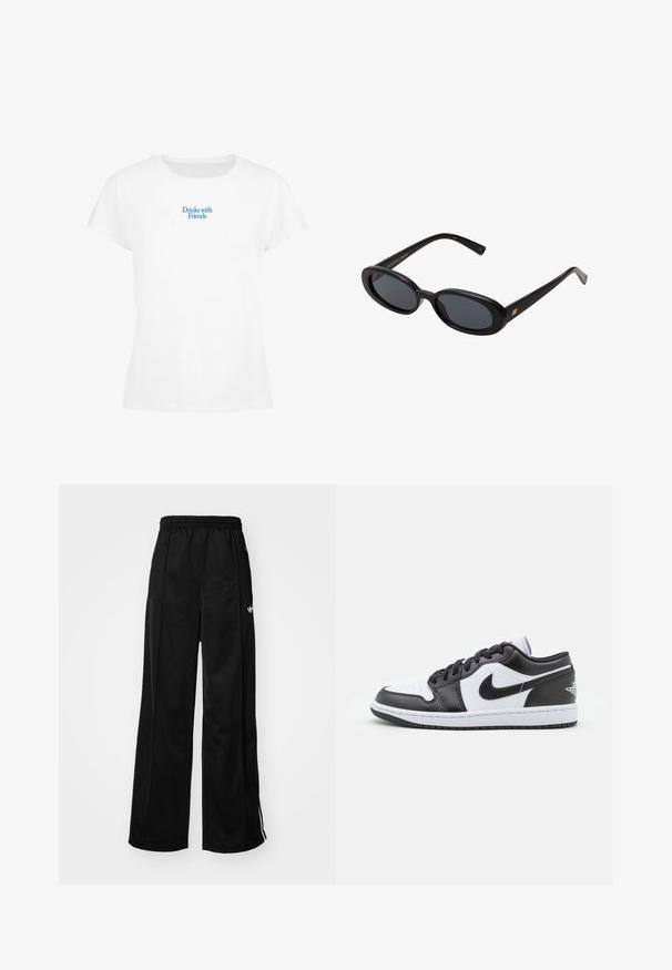 Valge puuvillane T-särk ümmarguse kaelusega ja lühikeste varrukatega. Ees on kiri "Jooke sõpradega" sinises kirjas. Hubane tunnetus ja mugav lõike.; Mustad laiad spordipüksid elastse vöökohtaga, millel on valged külgtriibud ja väike logo vasakul puusal. Sile kangateksam.; Mustvalged mustade ja valgete Nike madala profiiliga teniseketsid, millel on sile nahast ülemine osa, ümar varvas, paeltega kinnitamine ja mustriline kummist välistald.; Mustad mustad prillid ovaalsete läätsedega, sujuvast plastmassraamist ja kuldsete aktsentidega tempel. Tumedaid läätsi, mis pakuvad päikese kaitset.