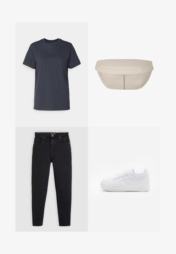 Mørkegrå bomulds t-shirt med rund halsudskæring, korte ærmer og et lille sort logo på venstre brystområde.; Sorte slim-fit jeans med knap- og lynlåslukning, fem-lomme design og bæltesløjfer på en lys grå baggrund.; Hvide platform sneakers med en glat læderoverflade, perforerede detaljer og flade snørebånd; har en tyk hvid gummisål.; Beige stofpung med en rund form, der har en flad top og subtile sømdetaljer. Inkluderer et minimalistisk logo og en sideløkke.