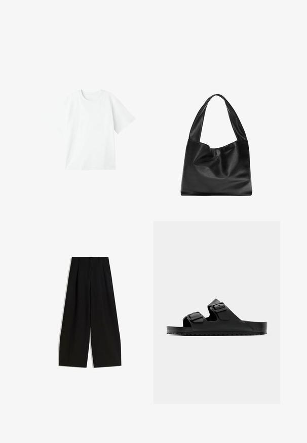 Bílá tričko s krátkým rukávem, klasický výstřih, vyrobené z hladké bavlněné látky, s uvolněným střihem bez výzdoby nebo vzorů.; Černé kalhoty s širokými nohavicemi vyrobené z hladkého materiálu, s vysokým pasem, sklady vpředu a bez viditelných ozdob nebo vzorů.; Černé sandály se dvěma nastavovacími pásky, vyrobené z syntetického materiálu. Mají strukturovanou stélku a odolnou gumovou podrážku s protiskluzovým gripem.; Černá kožená taška přes rameno s měkkým, volným designem, širokými uchy a hladkým povrchem. Žádné viditelné kovové doplňky nebo ozdoby.