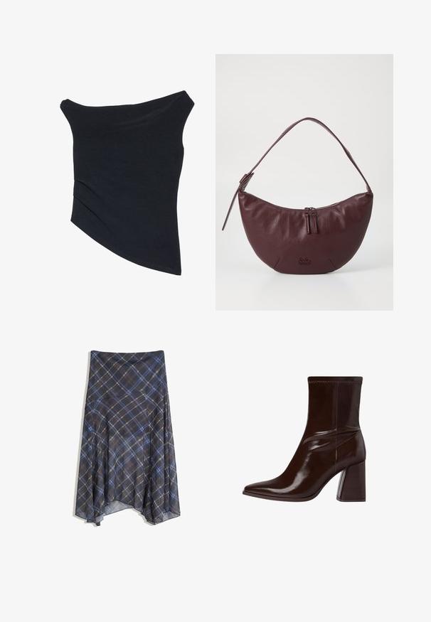 Sort, off-shoulder top med en tætsiddende design, asymmetrisk kant og blød, glat tekstur. Den har samlet stof ved halsudskæringen.; Sort ternet nederdel med blå og brune linjer, flydende design, midt-længde, lavet af letvægtsstof med en glat tekstur.; Brun patentlæder ankelstøvle med spids tå, elastisk ankel og en chunky blokhæl. Slankt design med glat tekstur.; Mørkerød lædertaske med en buet design, der har en lynlåslukning, to lynlåsskuffer og et kort skulderrem. Detaljer inkluderer præget logo.