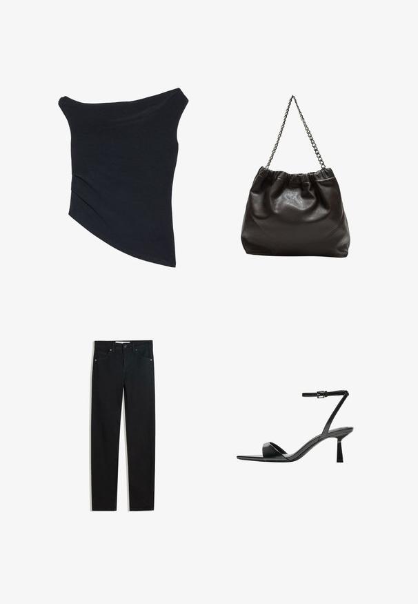 Czarny top bez ramiączek o dopasowanym kroju, asymetrycznym dołem i miękkiej, gładkiej teksturze. Posiada marszczony materiał przy dekolcie.; Czarna dżinsowa spodnie o prostym kroju, pięć kieszeni, metalowe zapięcie na guzik oraz subtelne detale przeszycia. Gładka faktura.; Bershka - Sandały na obcasie; Brązowa skórzana torba z marszczonym szczytem i łańcuszkowym paskiem. Gładka tekstura z błyszczącym wykończeniem i subtelnymi detalami szwów po bokach.