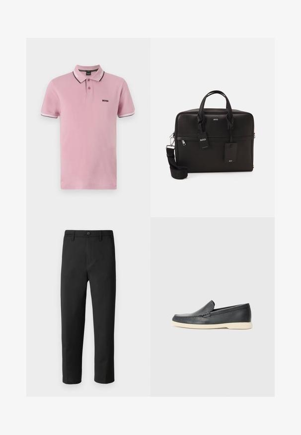 Polo-skjorte i lys rosa bomull med klassisk krage, tre-knappers lukking og kontrasterende hvite og mørke striber på ermene.; Sorte bukser med rett snitt, laget av glatt stoff. Har knappelukking og beltehemper. Ingen synlige mønstre eller accenter.; Sorte skinn slip-on loafers med en teksturert finish og en kontrasterende beige gummisåle. Har en subtil aksent langs fronten.; Svart laptopveske med teksturert overflate, doble håndtak, avtagbar stropp og metallbeslag. Har to merker og en strukturert design.
