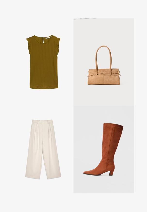 TOM TAILOR DENIM Top - warm moss green; Pantalones de pierna ancha beige con pliegues, con una textura suave y trabillas para cinturón. Corte a medida, ofreciendo un ajuste holgado alrededor de las piernas.; Bota alta de ante marrón hasta la rodilla con punta afilada y un pequeño tacón cuadrado, que presenta una textura suave y un diseño minimalista.; Bolso de mano de ante marrón con dos asas largas, forma rectangular y costuras decorativas. Presenta una correa lateral y sutiles acentos en dorado.