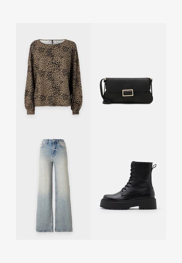 Prindi leopardimustriga pikad varrukad, pruun ja must, ümmargune kaelus ja rikutud varrukakinnitus, valmistatud pehmest, tekstuurilisest kangast.; Heledad sinine laia säärega teksapüksid, mis on valmistatud denimist, kõrge vöökoht, viis taskut ja nähtav õmblemine õmbluste ääres.; Mustad mustad nahast pahkluu saapad ümarate varvastega, nööridega esiosas ja paksu kummist talla ning tekstuuritud mustriga. Tagumine tõmbeaas.; Must haben musta nahkklahviga kott, millel on klapp ja kuldne metallist pandla detail. Kaasas must rihm ja stiilne, minimalistlik disain.; Kulla värvi nõelad, õhukesed ja ümmargused, millel on sile metallist pind ja ilma kaunistuste või mustriteta.