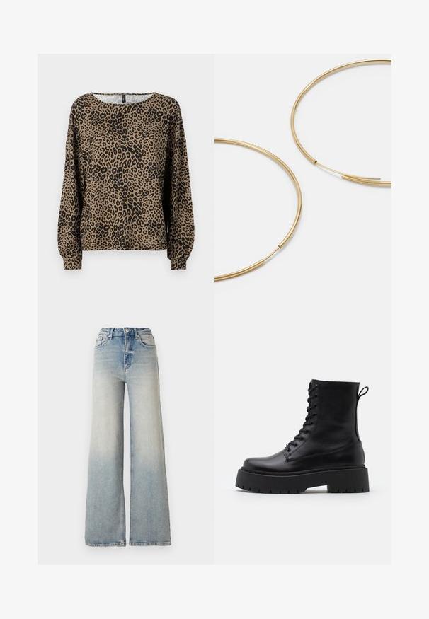 Langärmliges Oberteil mit Leopardenmuster in Braun und Schwarz, mit rundem Halsauschnitt und gerafften Ärmelabschlüssen, aus weichem, strukturiertem Stoff gefertigt.; Hellblaue weit geschnittene Jeans aus Denim, mit hoher Taille, fünf Taschen und sichtbaren Nähten entlang der Säume.; Schwarze Lederstiefeletten mit runder Zehenpartie, Schnürung vorne und einer dicken Gummisohle mit strukturiertem Profil. Mit Zugschlaufe an der Rückseite.; Goldfarbene Ohrringe in Form von dünnen, runden Kreolen, mit einer glatten, metallischen Oberfläche und ohne Verzierungen oder Muster.