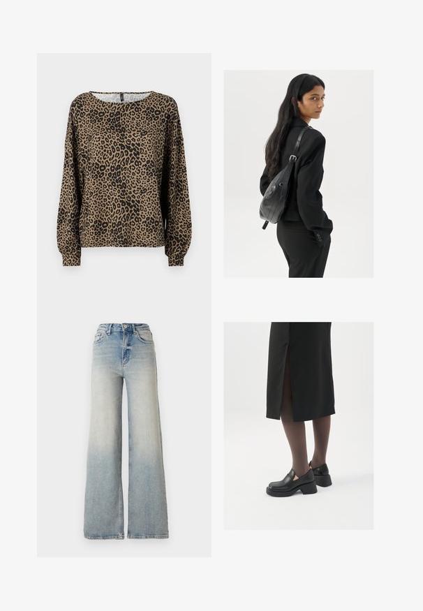 Lauku raksta ilga piedurkne tops brūnā un melnā krāsā, ar apaļu apkakli un savilktiem piedurkņu galiem, izgatavots no mīkstas, teksturētas auduma.; Gai zilu platā kāja džinsi, kas izgatavoti no denima, ar augstu jostasvietu, piecām kabatām un redzamu dūrienu gar šuvēm.; Melni ādas apavi ar noapaļotu purngalu, biezām bloku papēžiem un elastīgiem sānu akcentiem, apvienoti ar tumšām zeķubiksēm un melnu svārku ar šķirbu.; Sieviete ar garām tumšām matiem, ģērbusies melnā uzvalkā, nēsā melnu ādas plecu somu un skatās pāri plecam uz balta fona.; Sudraba gredzenveida auskari ar minimālistisku dizainu. Cirkulāra forma, gluda tekstūra un plāns profils. Vieglu svaru ar spīdīgu apdari.