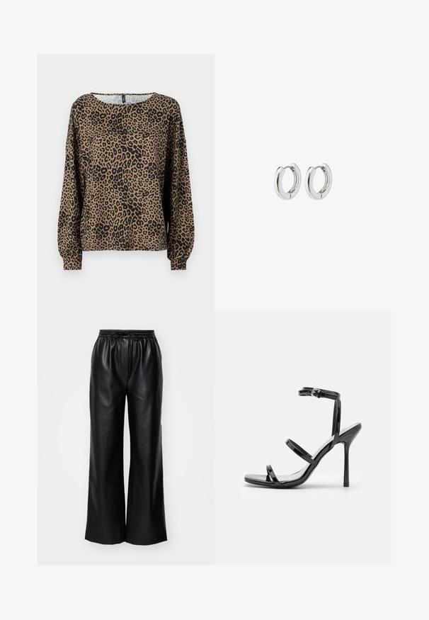Leopard print long-sleeve top in brown and black, featuring a round neckline and gathered sleeve cuffs, made from soft, textured fabric.; Black leather wide-leg pants with an elastic waistband and adjustable drawstring; smooth texture with a clean, minimalist design.; Black patent leather high-heeled sandals with three horizontal straps and an adjustable ankle strap. Sleek silhouette and shiny finish.; Silver hoop earrings with a polished finish, featuring a circular design and seamless hinges, displaying a smooth texture.