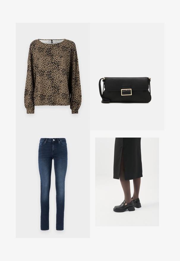 Hnědý a černý top s dlouhým rukávem v leopardím vzoru, s kulatým výstřihem a nařasenými manžetami, vyrobený z měkké, texturované tkaniny.; Tmavě modré skinny džíny vyrobené z denimu, s klasickým designem pěti kapes, knoflíkovým zapínáním a jemným vyblednutím na stehnech.; Černé kožené boty s kulatou špičkou, silným blokovým podpatkem a elastickými bočními akcenty, spárované s tmavými punčochami a černou sukní se rozparkem.; Černá kožená psaníčko s klopou a zlatým kovovým detailním sponou. Součástí je černý popruh a elegantní, minimalistický design.