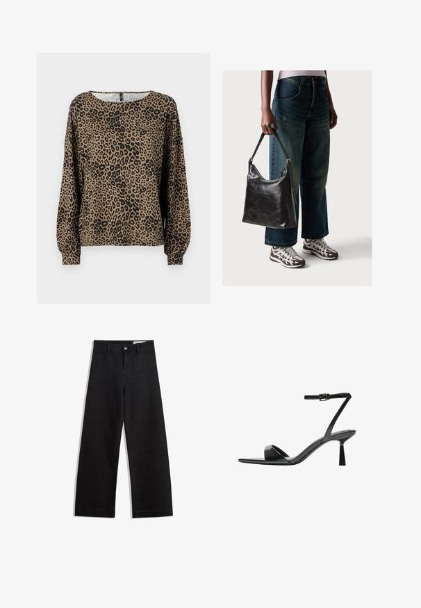 Langärmliges Oberteil mit Leopardenmuster in Braun und Schwarz, mit rundem Halsauschnitt und gerafften Ärmelabschlüssen, aus weichem, strukturiertem Stoff gefertigt.; Schwarze weit geschnittene Jeans mit hoher Taille, ausgestattet mit Vorder- und Hintertaschen, gesteppten Nähten und einem Knopfverschluss. Glatte Textur.; Bershka High Heel Sandalette - black; Schwarze Leder-Schultertasche mit glatter Textur und verstellbarem Riemen, kombiniert mit ausgewaschenen weit geschnittenen Jeans und sportlichen Sneakern.