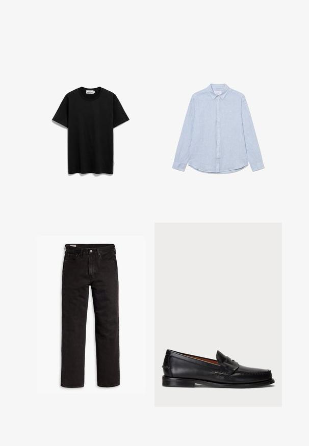 Schwarzes kurzärmeliges T-Shirt aus Baumwolle mit Rundhalsausschnitt. Verfügt über ein Logohangetikett an der unteren Seite. Glatte Textur und reguläre Passform.; Hellblaues Hemd mit weißen Streifen, langen Ärmeln, Kragen, abgerundetem Saum und dezentem Logo-Detail auf der Brust. Aus Baumwollmaterial.; Schwarze gerade Jeans aus Denim mit fünf Taschen, Knopfverschluss und Gürtelschlaufen, flach auf einem weißen Hintergrund ausgelegt.; Schwarze Lederloafer mit abgerundetem Zeh, gesteppten Details und einem dekorativen Riemen an der Vorderseite. Flache Sohle mit minimalem Profil.
