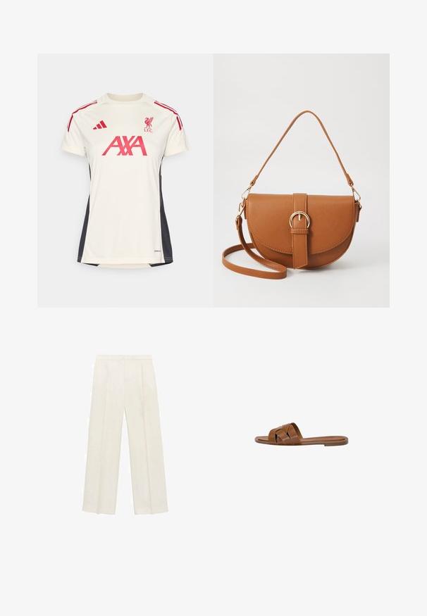 T-shirt de sport crème avec des accents rouges, à manches courtes, col ras du cou, avec un logo de Liverpool FC et un logo "AXA" sur le devant.; Pantalons larges de couleur crème clair. Fabriqués dans un tissu lisse avec des plis à l'avant et des poches latérales.; Sandale en cuir marron avec des brides croisées, semelle plate et texture lisse. Design simple sans embellissements ni motifs.; Sac bandoulière en cuir marron avec une forme incurvée, quincaillerie dorée et un accent en boucle. Comprend une bandoulière détachable.