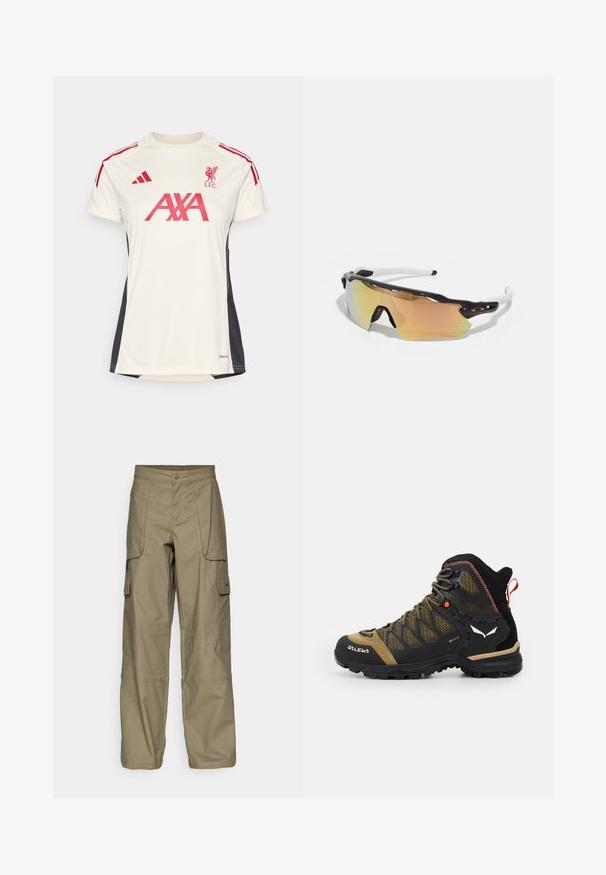 Kermakuvallinen urheilupaita, jossa on punaisia yksityiskohtia, lyhyet hihat, pyöreä pääntie, Liverpool FC -logo ja "AXA"-logo edessä.; Vihreät cargo-housut, joissa on väljä malli, useita sivutaskuja ja nappikiinnitys vyötäröllä. Silkkinen pinta.; Kävelykengät mid-korkeudella mustana ja oliivinvihreänä, joissa on verkkokangas yläosa, kumipohja ja teksturoituja yksityiskohtia takana olevaan vetotikkuun.; Auringonlaskulasit, joissa on musta-valkoinen kehys, isot peilipinnat kultaisina ja vaaleanpunaisina sävyinä, aerodynaaminen muotoilu ja pidennetty ulkorimma.