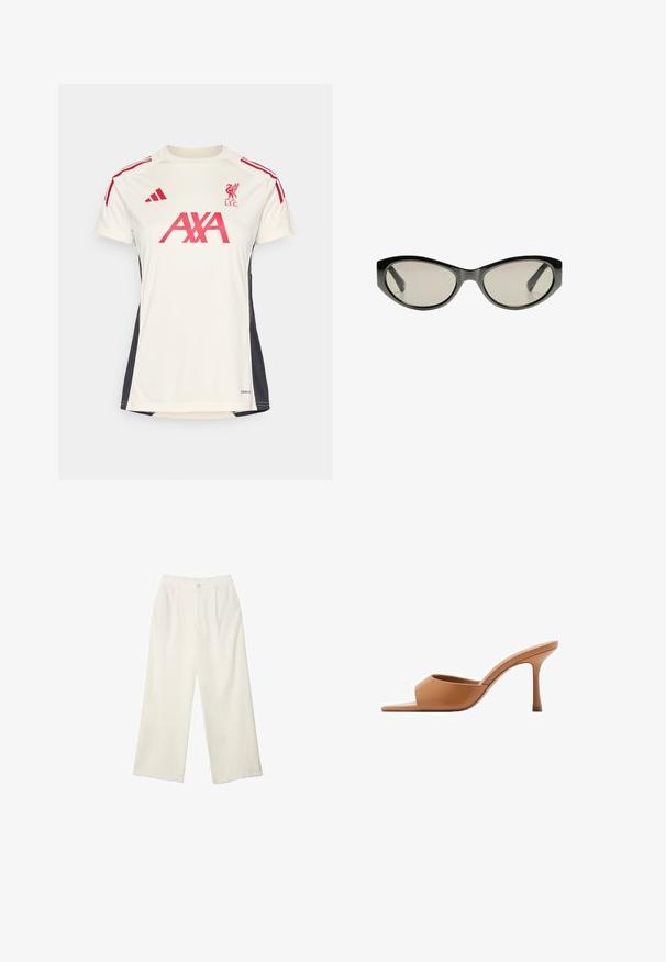 Maglietta sportiva crema con accenti rossi, dotata di maniche corte, collo tondo, logo del Liverpool FC e logo "AXA" sul davanti.; Pantaloni a gamba larga in tessuto crema con una texture liscia, caratterizzati da un singolo bottone frontale, pieghe sottili e un design a vita alta.; Mango PEPYT - Ciabattine con tacco - brown; Occhiali da sole neri a forma di occhio di gatto con lenti grigie. La montatura in plastica presenta bordi affilati e una finitura liscia e lucida.