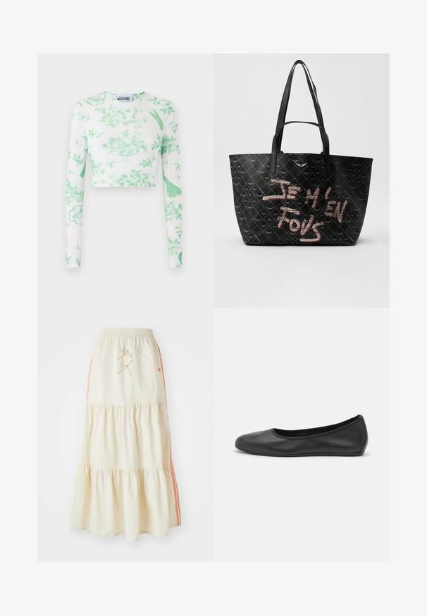 Valge pikka varrukat crop top, millel on roheline lillemuster, logokatke ja pehme, veniv kangas. Ümmargune kaelus ja slim fit disain.; Kreemivärvi mitme kihiga midi seelik, millel on elastne vöökoht ja nöör. Omab oranže külgi triibu ja pehmet, sileda puuvilla tekstuuri.; Musthave mustika tantsutossud mustast nahast, ümmarguse varbaga, siledast tekstuurist, minimaalse õmblusdetailiga ja paindliku tallakujundusega.; Must kuhja musta kotiga, tekstureeritud materjaliga, mis on kaetud rombikujuliste mustritega. Kotil on õlavarre rihmad ja julged punased ja valged tekstid, mis ütlevad "JE M'EN FOUS."