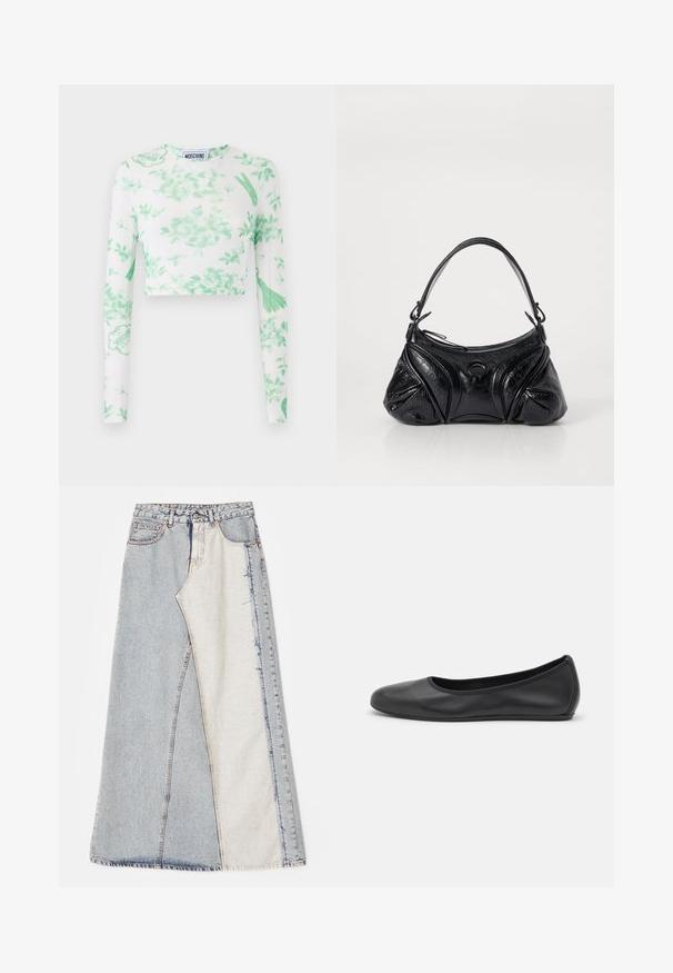 Balts ilgmēra kroptops ar garām piedurknēm, kuru rotā zaļi ziedu raksti, logotipa detaļas un mīksta, elastīga auduma. Apaļš dekoltē un šaurs piegriezums.; Džinsu svārki ar aplicējumu dizainu, kas sastāv no gaiši un vidēji zilo daļu, ar nodilušiem malām un augsto jostu. Klasiskā piecu kabatu stilā.; Melna ādas baleta kurpe ar noapaļotu purngalu, gludu tekstūru, minimālu šuvju detalizāciju un elastīgu zoles dizainu.; Melna soma, kas izgatavota no strukturētas ādas ar noapaļotu formu. Tajā ir plāna plecu siksna un dekoratīvi reljefi raksti.