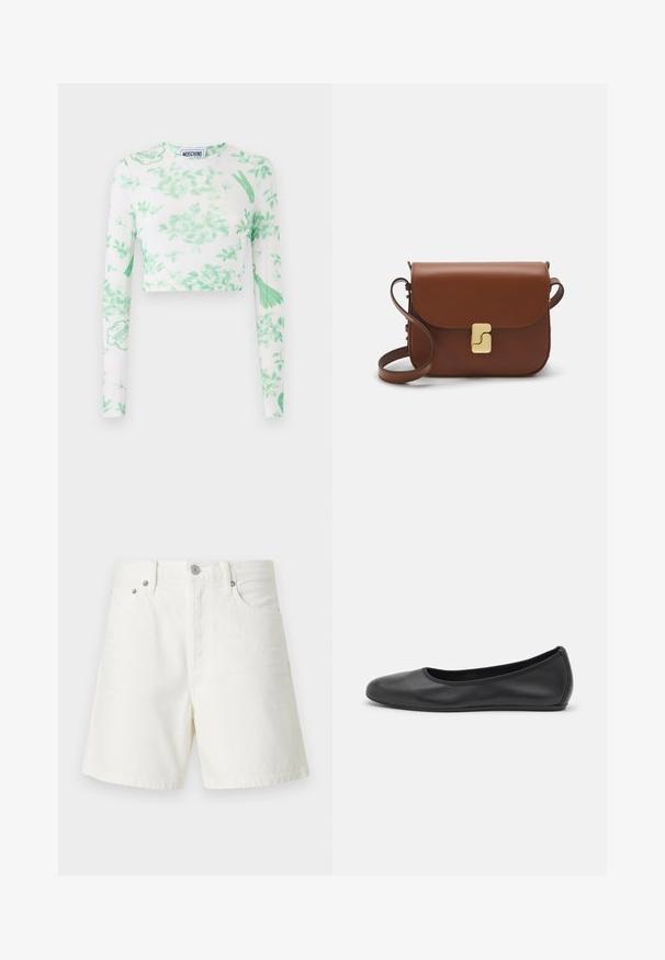 Weißes Langarm-Crop-Top mit grünem Blumenmuster, Logodetails und einem weichen, dehnbaren Stoff. Rundhalsausschnitt und taillierte Passform.; Weiße Jeansshorts mit geradem Schnitt, Fünf-Taschen-Design, vorderem Knopfverschluss, silberner Hardware und genähten Details.; Schwarze Leder-Ballettschuhe mit abgerundeter Spitze, glatter Textur, minimalen Nähdetails und einem flexiblen Sohlen-Design.; Braune Ledertasche mit Klappenverschluss, Beschlägen in Goldfarbe, einem Schultergurt und einer glatten Oberfläche. Kompakte rechteckige Form.