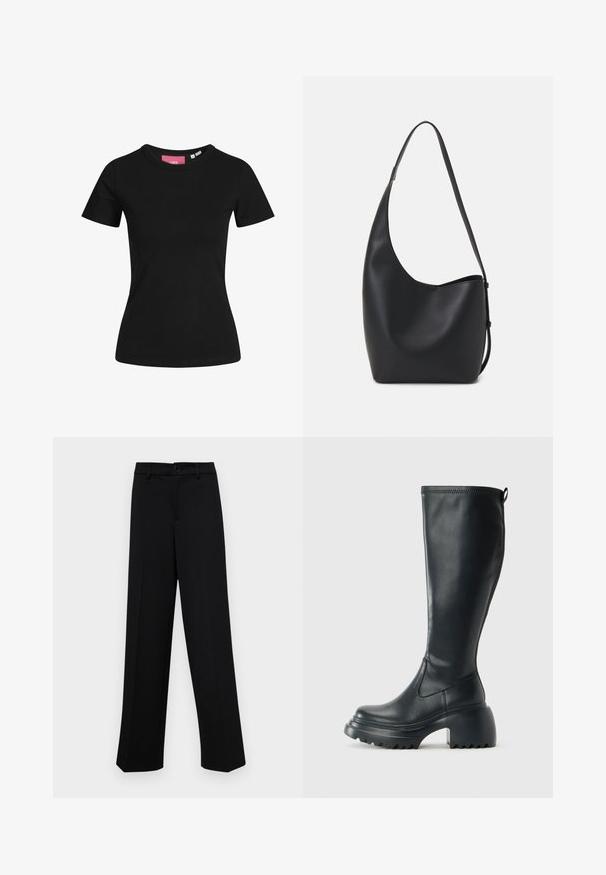 Must have musta lühikeste varrukatega T-särk, mis on valmistatud puuvillast. Klassikaline ümmarguse kaelusega disain, sile tekstuur ja keha ligi istuv siluett.; Musta laiad püksid siledast kangast, millel on klassikaline vöökoht, nööbiga sulgemine ja ees voldid.; Kõrge must nahksaapad, millel on massiivne platvormi tald ja blokk-kand, varustatud tõmbenööriga ja tekstuuriga väljatõmbejääk.; Mustast nahast hobo kott, millel on sile tekstuur, kumer kuju ja üks reguleeritav rihm; peal on lai avaus.