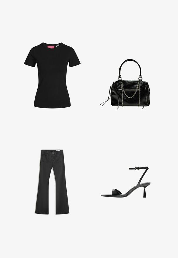 Sort t-shirt med korte ærmer lavet af bomuld. Klassisk rund hals design med en glat tekstur og en tætsiddende silhuet.; Sorte flared jeans lavet af denim med en glat tekstur, som har to baglommer og en knaplukning i taljen.; Bershka Højhælede sandaletter / Højhælede sandaler - black; Bershka WITH CHAIN - Håndtasker - black