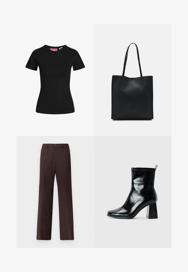 T-shirt preto de mangas curta feito de algodão. Design clássico de decote redondo com uma textura suave e uma silhueta ajustada.; Calças castanhas de perna larga com textura lisa, apresentando fecho de botão, bolsos frontais e um design ajustado sem padrões visíveis.; Botim de tornozelo pretos em verniz com bico quadrado e salto geométrico robusto. Apresenta uma textura suave e brilhante, além de uma pega traseira para facilitar o calçar.; Bolsa tote preta em couro com textura lisa, forma retangular e duas alças longas. Sem hardware ou enfeites visíveis.