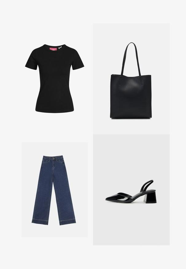 Black short-sleeve t-shirt made of cotton. Classic round neck design with a smooth texture and a fitted silhouette.; Wide-leg jeans in dark blue denim. Features five pockets, belt loops, and a raw hem at the bottom with visible stitching details.; Black patent leather slingback heels with a pointed toe and a geometric block heel. Features a sleek, minimal design and smooth texture.; Black leather tote bag with smooth texture, rectangular shape, and two long handles. No visible hardware or embellishments.