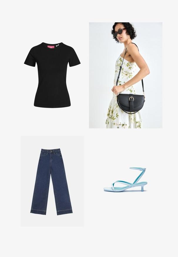 Black short-sleeve t-shirt made of cotton. Classic round neck design with a smooth texture and a fitted silhouette.; Wide-leg jeans in dark blue denim. Features five pockets, belt loops, and a raw hem at the bottom with visible stitching details.; Light blue strappy sandal with a square toe, low heel, adjustable ankle strap, and smooth, glossy finish. Crossed straps on the footbed.; Black leather handbag with a curved shape, detachable strap, and gold hardware. The bag features a flap with a buckle detail.