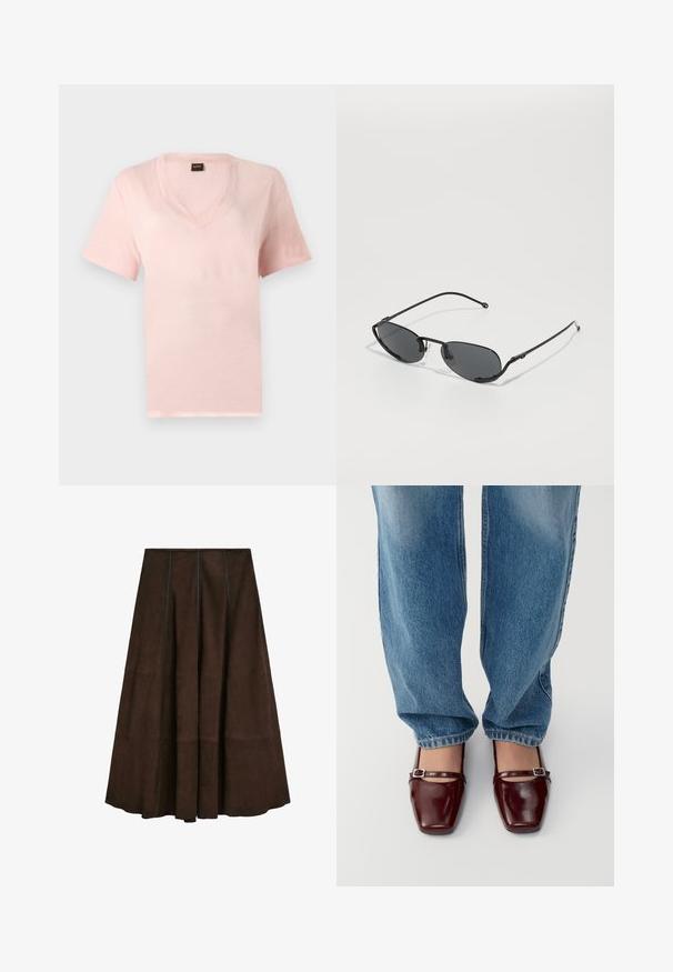 Růžové tričko s výstřihem do V vyrobené z měkké tkaniny, s krátkým rukávem a volným střihem. Jednoduchý design bez dalších vzorů nebo akcentů.; Hnědá semišová midi sukně s volánovým designem a vertikálními švy, s hladkou texturou a širokým lemováním.; Burgundské lakované boty se čtveratým špičkou a páskem kolem kotníku, spárované s lehkými modrými volnými džíny. Boty mají lesklý povrch.; Černé sluneční brýle s úzkými oválnými čočkami, tenkým kovovým rámem a nastavovacími nosníky. Mají elegantní, minimalistický design.; Hnědý textilní šátek s třásněmi, vyrobený z měkkého materiálu. Na spodní straně se nachází malý bílý štítek s černým textem.