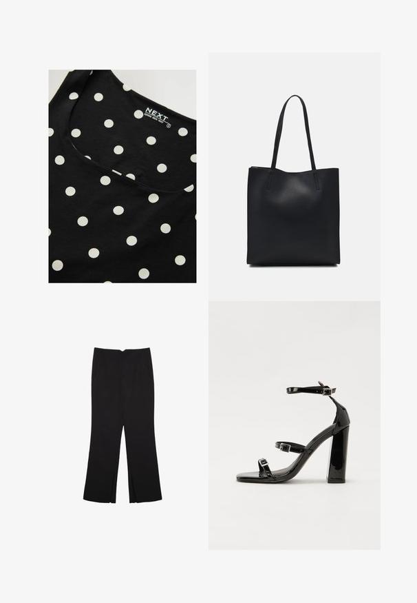 Sort bomulds ærmeløs top med hvide prikker, med rund halsudskæring og glat tekstur. Mærkeetiketten er synlig indeni.; Sorte bukser med lige pasform, der har frontlommer og slidser i kanten. Lavet af blødt, glat stof. Velegnet til forskellige anledninger.; Sorte laklædersandaler med høje hæle, to spænderemme, firkantet tå og en kraftig blokhæl, der har en glat, blank overflade.; Sort læder tote taske med glat tekstur, rektangulær form og to lange hanke. Ingen synlig hardware eller udsmykninger.