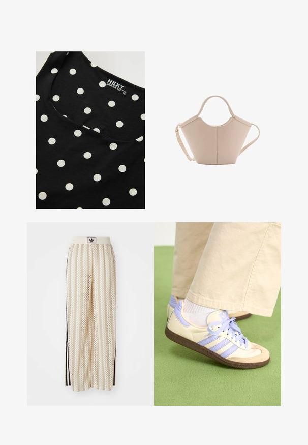Sort bomulds ærmeløs top med hvide prikker, med rund halsudskæring og glat tekstur. Mærkeetiketten er synlig indeni.; Cremefarvede bukser med vidde, der har et zigzag-mønster, med en sort logoelastik i taljen og sorte striber på siden. Letvægtigt, tekstureret stof.; Creme og lavendel sneakers med tre striber og en tekstureret brun sål, der har snørebånd og en polstret hæl. Blødt stof øvre.; Lysebrun læderhåndtaske med en unik form, featuring to korte håndtag og et langt justerbart rem. Glat tekstur med minimal hardware.