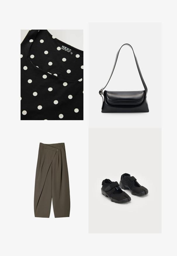 Černý bavlněný bezrukávový top s bílými Puntíky, s kulatým výstřihem a hladkým povrchem. Značka je viditelná uvnitř.; Široké kalhoty z tmavě olivově zelené látky, s plisovaným předním designem, knoflíkovým uzávěrem a lesklým, strukturovaným povrchem.; Černé vodní boty vyrobené z pružné tkaniny s suchým zipem, s jedinečným designem rozděleného prstu a texturovanou gumovou podrážkou pro lepší přilnavost.; Černá kožená kabelka se strukturovaným tvarem, hladkým povrchem a jedním ramenním popruhem. Obsahuje jemně zaoblený design klopy.