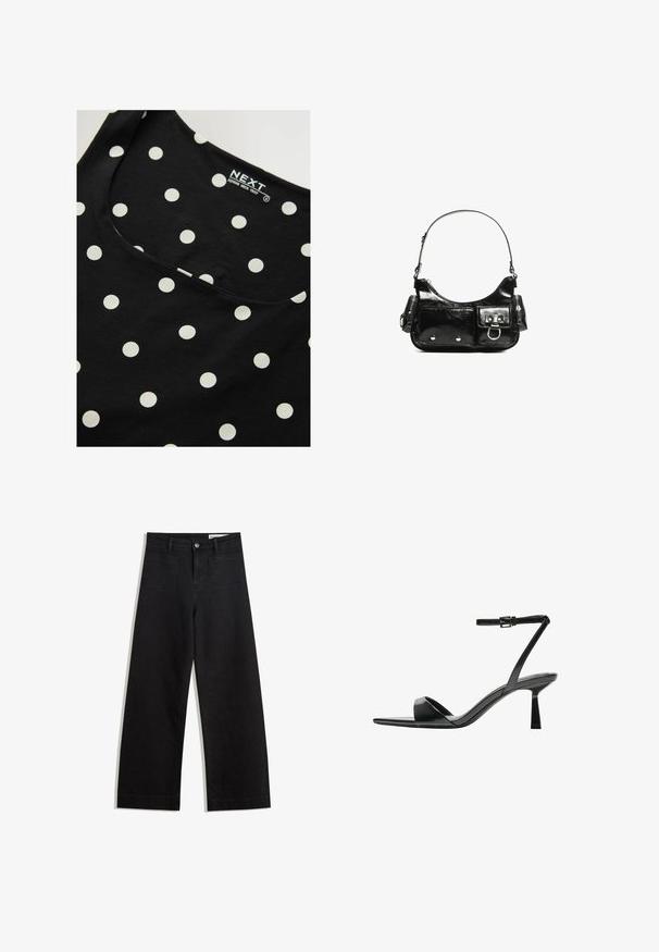 Čierny bavlnený bezrukávový top s bielymi bodkami, so zaobleným výstrihom a hladkou textúrou. Vnútorná značka je viditeľná.; Čierne denimové nohavice s širokými nohavicami a vysokým pásom, so prednými a zadnými vreckami, šitými švami a zapínaním na gombík. Hladká textúra.; Bershka Sandále na vysokom opätku - black; Čierna laková kožená kabelka s ohnutým tvarom, jedným ramenným popruhom, prednými vreckami a striebornými kovovými doplnkami.