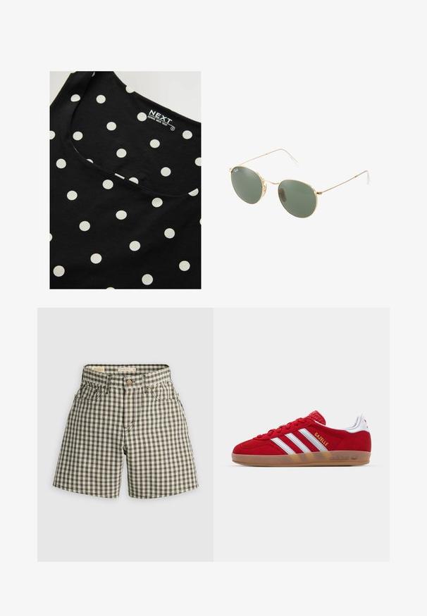 Top senza maniche in cotone nero con pois bianchi, dotato di scollatura rotonda e texture liscia. Etichetta del marchio visibile all'interno.; Pantaloni corti a quadri marroni e bianchi con chiusura a bottone, due tasche frontali e una vestibilità rilassata. Realizzati in tessuto tessuto con una superficie liscia.; Sneaker in suede rosso con design a tre strisce bianche e testo "Gazelle" in oro. Presenta una suola in gomma color cuoio e un tallone testurizzato.; Occhiali da sole con montatura metallica dorata, lenti verdi, forma rotonda, aste sottili e dettagli in plastica bianca sulle punte delle aste.