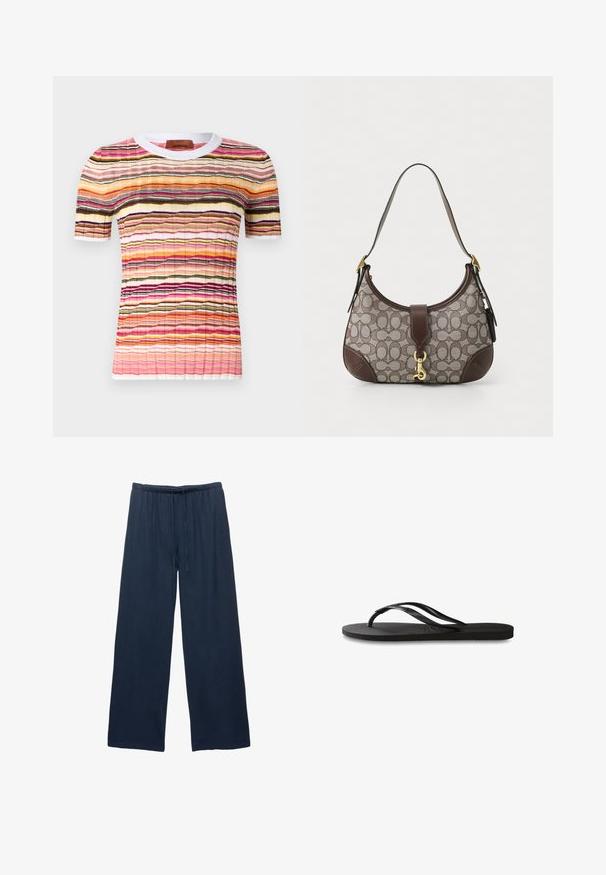 Lyhythihainen neulepaita, jossa on monivärinen aaltoileva raitakuosi vaaleanpunaisena, oranssina, mustana ja keltaisena. Paitassa on valkoinen ribattu kaulus.; Merikansin leveälahkeat housut pehmeästä kankaasta, joissa on joustava vyötärö ja kiristysnauha säädettävää istuvuutta varten.; Mustat flip-flopit, joissa on röpelöinen kumipohja, kaksi hoikkaa remmiä ja hillitty, kohokuvioitu logotyyli remmissä.; COACH HAMPTONS HOBO BAG IN SIGNATURE JACQUARD - Käsilaukku - oak maple