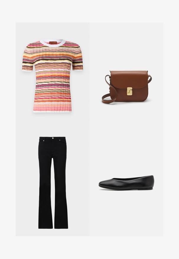 Multifarget kortærmet striktop med et bølget stribemønster i pink, orange, sort og gul. Har en hvid ribbet halsudskæring.; Sorte bløde jeans lavet af denim, med to frontlommer, knaplukning og en glat tekstur. Signaturstikninger synlige ved sømmene.; Paul Smith TOPANGA - Ballerinasko - black; Brun læder håndtaske med flaplukning, hardware i gyldent tone, en skulderrem og en glat overflade. Kompakt rektangulær form.