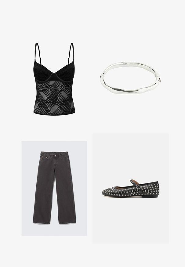 Czarny koronkowy biustonosz typu bralette z drucikami, regulowanymi ramiączkami oraz przezroczystą tkaniną z falistymi detalami.; Jeans w szerokich nogawkach wykonane z ciemnoszarego dżinsu. Charakteryzują się wysokim stanem, miedziowanym okuciem oraz klasycznym pięciokieszeniowym designem.; Czarne skórzane płaskie buty z okrągłym noskiem, z paskiem i srebrnymi ćwiekami równomiernie rozmieszczonymi na powierzchni.; Srebrna metalowa bransoletka o falistym, nieregularnym wzorze. Gładka powierzchnia z wypolerowanym wykończeniem, odbijająca światło. O okrągłym kształcie, bez wyraźnych akcentów.