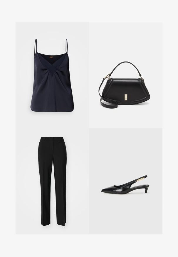 Granatowy jedwabny top na cienkich ramiączkach, z dekoltem w kształcie V i marszczeniami na biuście; gładka tekstura i luźny krój.; Czarne spodnie o dopasowanym kroju z prostymi nogawkami, o gładkiej fakturze i wyraźnych zagięciach z przodu. Bez widocznych elementów metalowych.; Czarne skórzane szpilki typu slingback z ostrym noskiem, posiadające smukły obcas i złoty akcent na regulowanym pasku. Gładka tekstura.; Czarna skórzana torebka o strukturalnym designie, z przyciętą formą, górnym uchwytem i złotymi akcentami. W zestawie regulowany pasek na ramię.