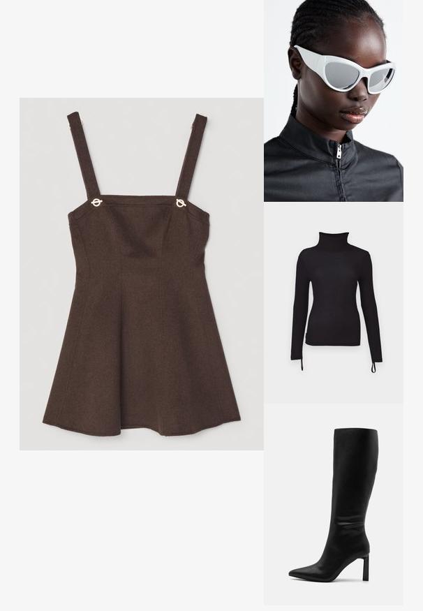 Černé dlouhé rukávy, rolák, úzký střih, žebrovaná textura, s nastavitelnými šňůrkami na lemu pro přizpůsobitelnou délku.; Hnědé bezramínkové šaty s nastavitelnými páskami, vybavené zlatými akcenty a rozšířeným A-liniovým designem. Textura z vlněné směsi.; Even&Odd Vysoká obuv - black; Bílé sluneční brýle s odvážným, přehnaným designem a zrcadlovými čočkami, s hladkými plastovými rámy a akcentovanými křivkami.; Zlaté kruhové náušnice, tenké a kulaté, s hladkým kovovým povrchem a bez zdobení či vzorů.