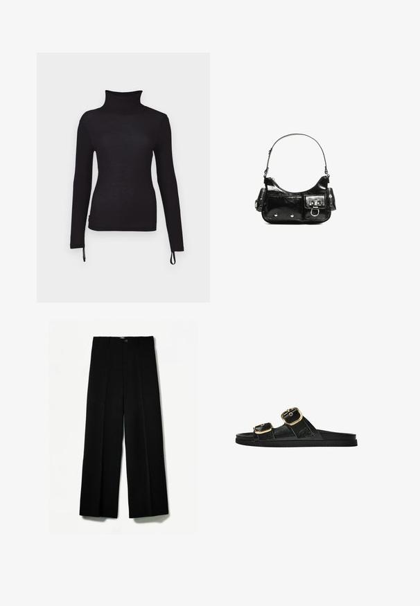 Fekete, hosszú ujjú garbó póló, slim fit szabásban, bordázott textúrával, állítható zsinórokkal az alján, amelyek lehetővé teszik a hossz testreszabását.; Fekete, bő szárú nadrág sima anyagból, elülső gombos záródással, két oldalsó zsebből és tiszta, rendezett dizájnból áll.; Fekete csúszó szandál, két arany csattal, sima textúrájú anyagból, lapos talppal és minimalista dizájnnal.; Fekete lakkbőr kézitáska ívelt formával, egy vállpánttal, elülső zsebekkel és ezüstszínű fémrészletekkel.