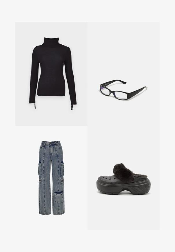 Zwarte langemouwige turtleneck shirt, slim fit, geribbelde textuur, uitgerust met verstelbare trekkoorden aan de zoom voor een aanpasbare lengte.; Lichte blauwe denim cargo broeken. Kenmerken zijn wijde pijpen, meerdere zijzakken en contrasterende donkere denim accenten. Gestructureerd met zichtbare naden.; Zwarte klompen met een zachte, donzige bovenband, voorzien van perforaties aan de voorkant en een gestructureerde hak voor grip. Lichtgewicht en gemakkelijk aan te trekken ontwerp.; Zwarte rechthoekige bril met heldere glazen. Glanzende afwerking, smalle veren en paarse tint zichtbaar aan de randen van de glazen.; Zwarte synthetische leren handtas met een gebogen ontwerp, een ritsvak aan de voorkant en decoratieve hardware, inclusief een afneembare ronde muntenpouch.