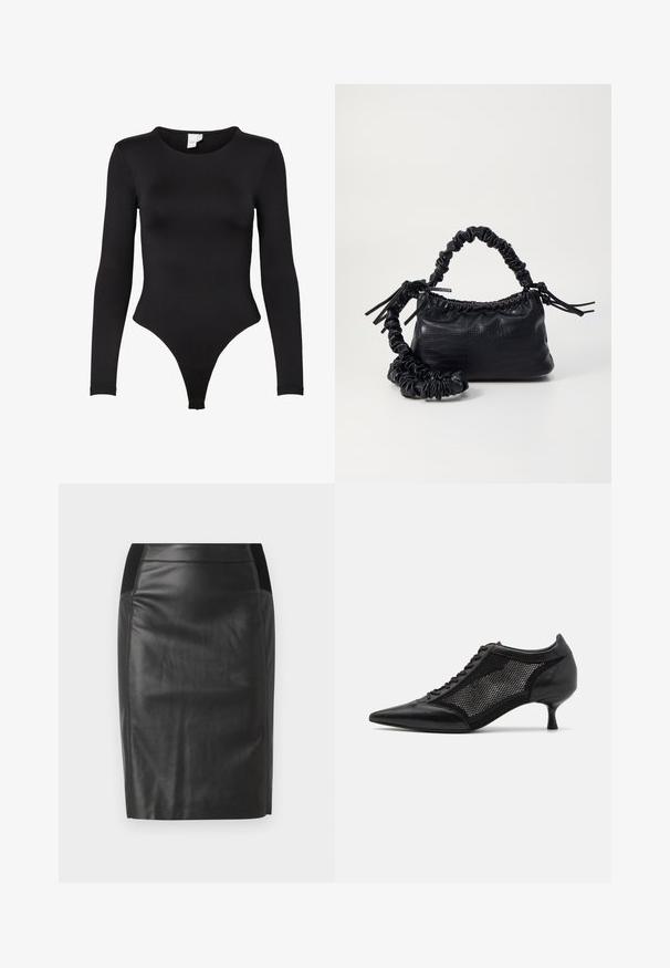 Black long-sleeve bodysuit made of stretchy fabric. Features a round neck and a thong bottom design with seamless edges for comfort.; Black leather pencil skirt with a fitted design, smooth texture, and elastic waistband accents on both sides. Flat hem at the bottom.; Black pointed-toe shoe with a mesh panel design, featuring a low heel and lace-up front. Made from a combination of leather and mesh material.; Black faux leather handbag with a crocodile texture, cinched top, and a scrunched strap. Appears soft and compact in design.