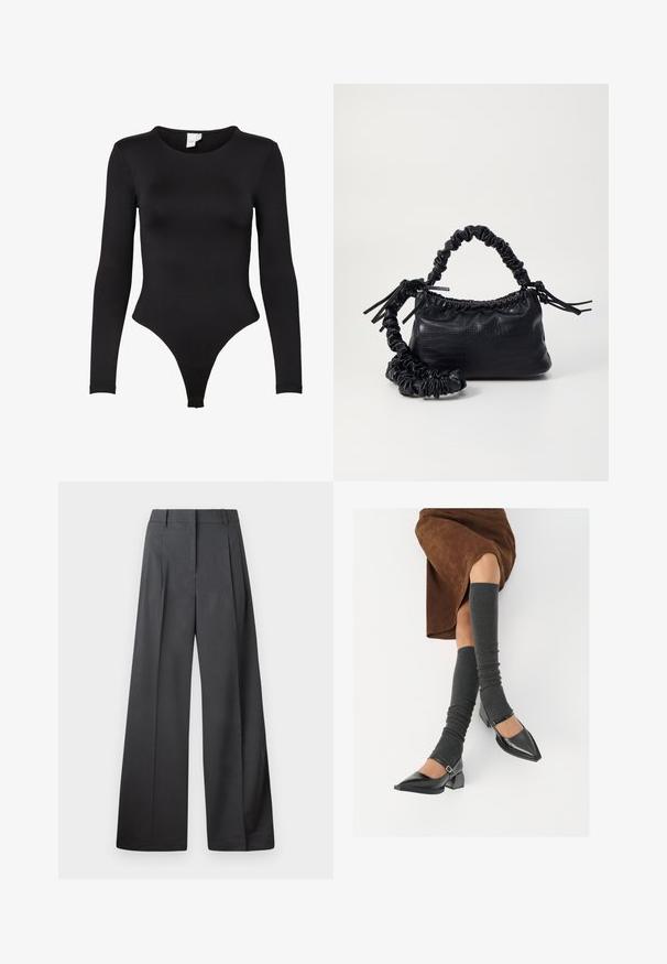 Svart langermet bodysuit laget av elastisk stoff. Den har rund hals og design med thong-bunn med sømløse kanter for komfort.; Vide bukser i mørkegrått stoff med høy livlinje, enkel press, og en glatt tekstur med en ren finish på ermekantene.; Sorte lakkpumps med spiss tå, blokkhel, og ankelstropp, kombinert med grå ribbestrikkede beinvarmere og et brunt semsket skinn skjørt.; Svart faux skinn-håndveske med krokodilletekstur, strammet topp og en rynket stropp. Ser myk og kompakt ut i designen.