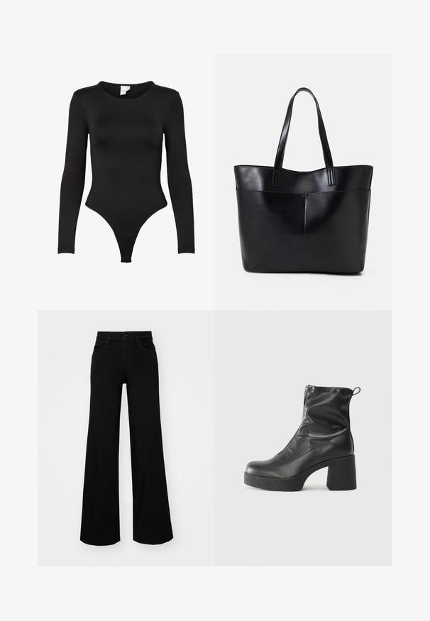 Juodas ilgomis rankovėmis bodis, pagamintas iš elastingos medžiagos. Pasižymi apvaliu kaklu ir thong tipo apačia su besiūlėmis briaunomis, užtikrinančiomis komfortą.; Juodos plačios kelnės iš denimo, turinčios struktūruotą juosmenį, diržo kilpas ir priekines kišenes. Lygus paviršius su klasikinio dizaino elementais.; Juodos kulkšninių botai, pagaminti iš lygaus odos, su šoniniu užtrauktuku, masyviu tekstūruotu kulnu ir apvaliu pirštu.; Juoda odinė rankinė su dviem ilgais diržais, lygiu paviršiumi ir struktūrizuota forma. Yra priekinė kišenė papildomam saugojimui.